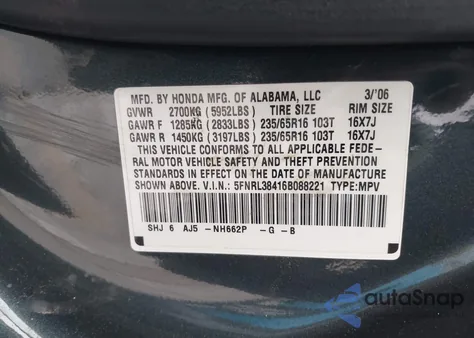2006 Honda Odyssey Ex z USA, uszkodzony, nr VIN 5FNRL38416B088221